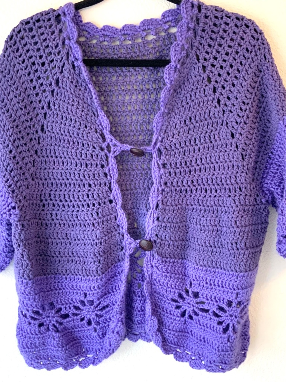 VINTAGE! Cardigan Sweater Handmade Purple Size Medium Buttons Flowers Lace